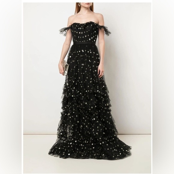 Marchesa Notte Embellished Off The Shoulder Tier Gown - Picture 6 of 13